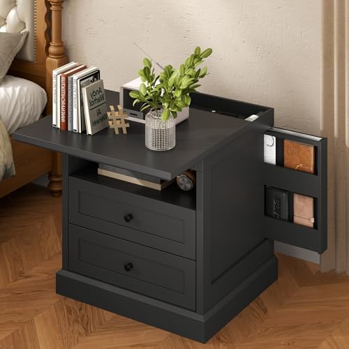 Nightstand with Hidden Storage Space,Night Stand,End Table with Side Drawer | Black Bedside Table with Open Shelf, 2 Drawers Dresser for Bedroom, Living Room, Closet