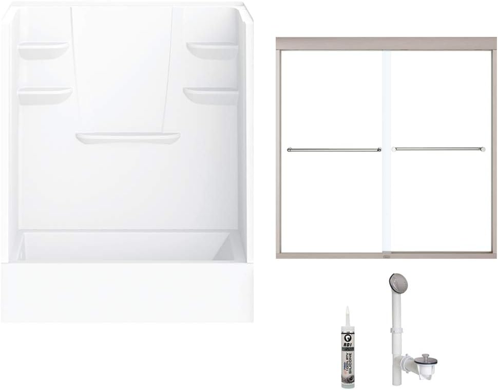 A2 6032CTSMINL-134561-WN Bath/Shower Kit with Door, 60-in L x 32-in W x 79-in H, White/Brushed Nickel