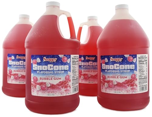 Snappy Bubble Gum Sno Cone Syrup, 1 Gallon 4 Pack, Ready to Use for Snow Cone Machines and Shaved Ice