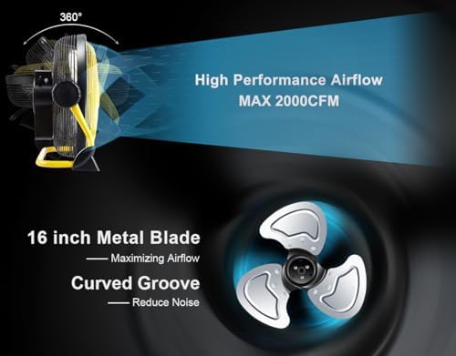 Geek Aire 16" Portable Battery Operated Floor Fan, Metal High Velocity Fan | 24 Hour Runtime, 1900 CFM Airflow, Powerful Brushless Motor, 360° Tilt