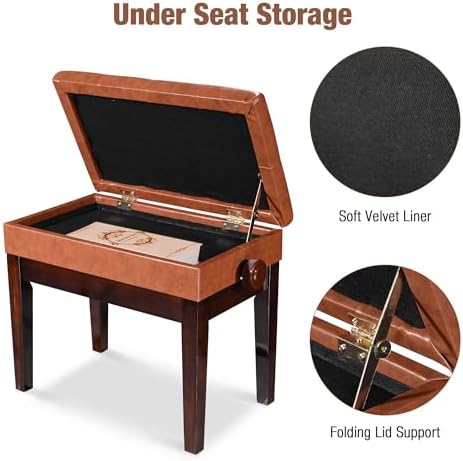 ZeHuoGe Leather Piano Bench Padded Seat with Storage Height-Adjustable Padded PU Leather Seat Solid Wood Frame Legs (Brown)