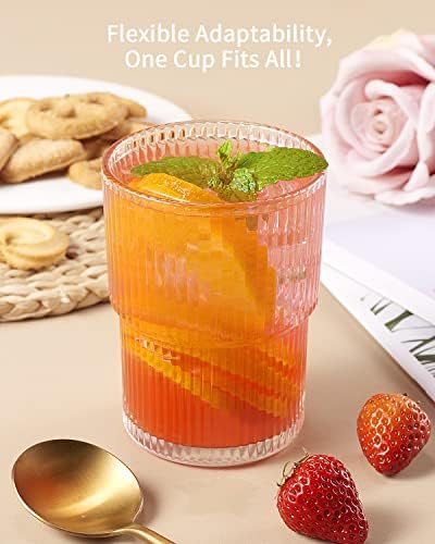 6PCS Ribbed Drinking Glasses, 14Oz Stackable Glass Cup Set for Bar & Kitchen | Fluted Designed
