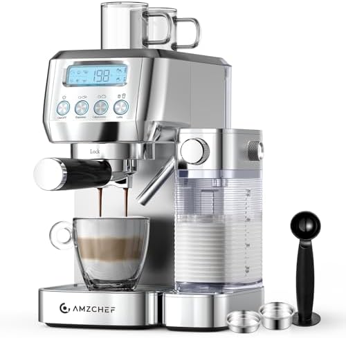 AMZCHEF Espresso Machine, Auto Milk Frother, 20 Bar Pressure | Home Coffee Maker with 61oz Removable Tank & LCD Display, One-Touch Latte for Beginners