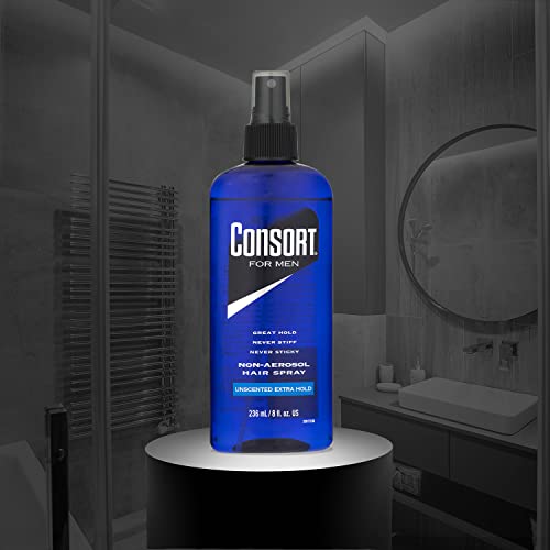 Consort Extra Hold Non-Aerosol Hair Spray for Men, Unscented, 8 Oz | Extra-hold pump hair spray, fast drying and not sticky or stiff, unscented