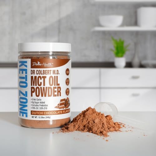 Dr. Colbert's MCT Oil Powder | Dutch Chocolate Flavor | by Divine Health | Keto Zone | 70% C8 | 30% C10 | 0 Net Carbs | Gluten Free | 30 Day Supply