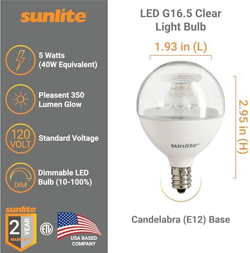 Sunlite G16.5 Light Bulb LED, 5W (40W Equiv.), 350 Lumens, Dimmable, Type G Globe Shape E12 Candelabra Base, Short Bulbs, Vanity Mirror Bulbs, 2700K Soft White, Frosted, 6 Count