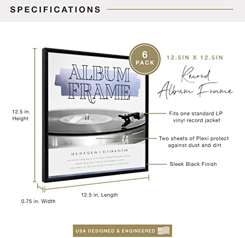 MCS Gallery Record Album Frame, 6-Pack (12.5"x12.5") Black Anodized Aluminum - LP Vinyl Jacket Display, Transparent Back, Styrene Protection