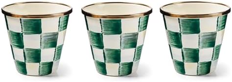 MACKENZIE-CHILDS Enamel Herb Pot Set, Small, Black-and-White Courtly Check | Hand-painted design, small plant pots for herbs or flowers, 8-ounce capacity per pot, set of 3