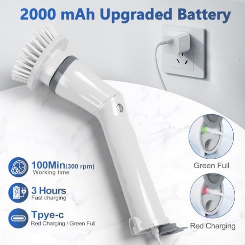 Qimedo Electric Spin Scrubber Q3, 6000mAh, Extra-Large Brush Head, 1200RPM | Floor Scrubber Machine with Long Handle, Cordless Cleaning Brush, 8 Brush Heads and Smart Display for Showers, Tubs and Tile