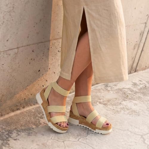 CUSHIONAIRE Naomi Cork Wedge Sandals for Women – Soft Stretch Straps Comfortable Platform Sandals for Women with Memory Foam Insole