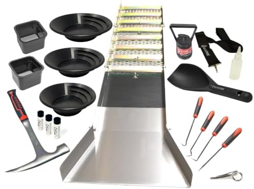 Complete Gold Mining Kit, Folding 50 inch River Sluice Box, Prospecting Equipment, Rock Pick Hammer, Gold Classifiers, Pay Dirt Scoop