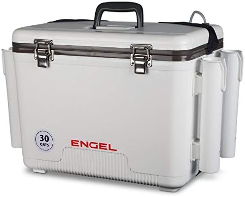 Engel 30qt Live Bait Cooler Box with 2nd Gen 2-Speed Portable Aerator Pump and 4 x Fishing Rod Holder Attachments. Fishing Bait Station and Minnow