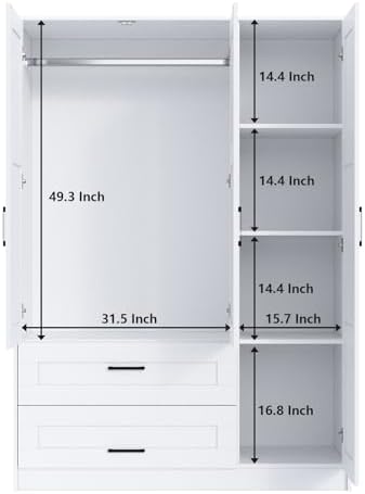 Fenghua Lizhi 3 Doors Wooden Wardrobe Closet Armoire, White Storage Cabinet for Hanging Clothes, Bedroom Large Capacity Freestanding Armoire,Wood Wardrobe Combination with Shelves