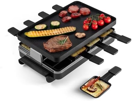 Swissmar Classic 8-Person Raclette Party Grill - Indoor Electric Grill & Griller with Reversible Cast Iron Grill Plate/Crepe Top - Anthracite Black