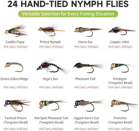 Maxcatch Nymph Fly Fishing Flies Kit for Trout, 24-Piece Assortment with Waterproof Pocket Box, Hand-Tied, Travel-Friendly