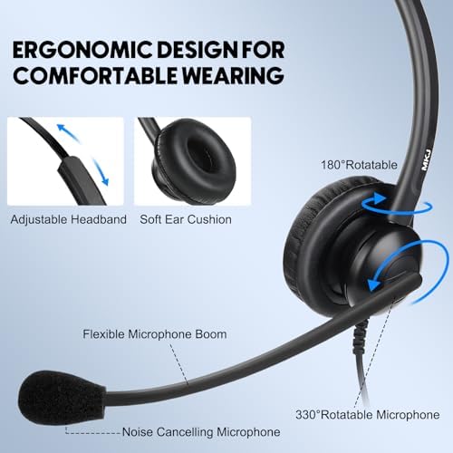 MKJ Corded 2.5mm Office Headset with Microphone for Cisco Panasonic Phones | Noise Cancelling, Wired Headphones for Call Center Telephone