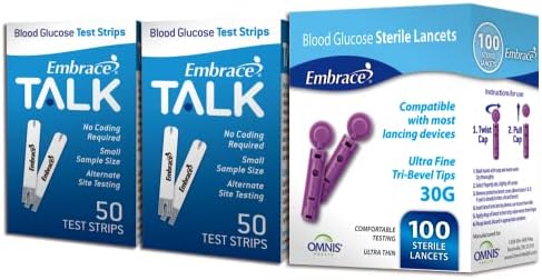 100ct Embrace Talk Blood Glucose Test Strips Includes 100 Lancets