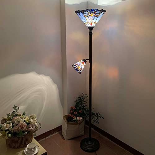 Bieye L10686 Baroque Tiffany Style Stained Glass Torchiere Floor Lamp with Sidelight for Reading Home Decor, 71-inch Tall