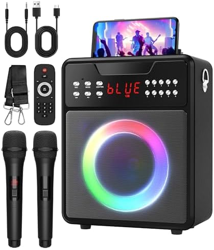 Karaoke Machine for Adults, Portable Bluetooth Speaker with 2 Wireless Microphones and Lights Show, Karaoke Speaker with Bass & Treble, Supports for TWS,USB,FM,REC,AUX in,TF Card for Party/Meeting
