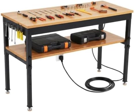 60" Work Bench with Storage Shelf, Adjustable Height Workbench, 60" x 24" Work Benches for Garage