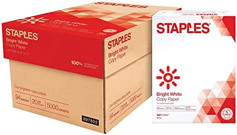 Staples Multipurpose Copy Paper, 8.5x11, 20lb, 94 Bright, 10 Reams/Carton | 5,000 white sheets total. Smooth finish reduces jams in copiers, laser & inkjet printers.