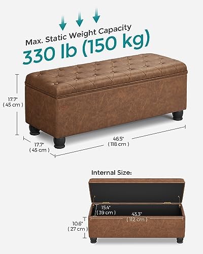 SONGMICS Storage Ottoman, 46.5 Inches Bedroom Bench, Solid Wood Legs