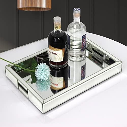 Rectangle Silver Mirror Decorative Tray Size 11” Length x 14” Width x 2” Height, Mirrored Vanity Organizer with Hand