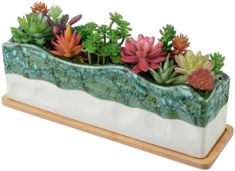 MyGift Beige Green Ceramic Glazed Rectangular Succulent Planter Pot