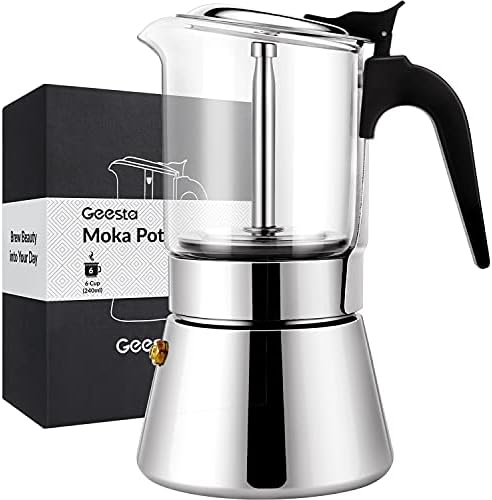 Geesta Premium Crystal Glass-Top Stovetop Espresso Moka Pot - 4/6/ 9 Cups - Stainless Steel Coffee Maker- 160ml/5.6oz/4 cup (espresso cup=40ml)