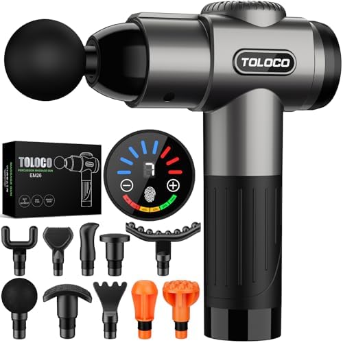 TOLOCO Massage Gun, Deep Tissue Back Massage for Athletes for Pain Relief, Percussion Massager with 10 Massages Heads & Silent Brushless Motor