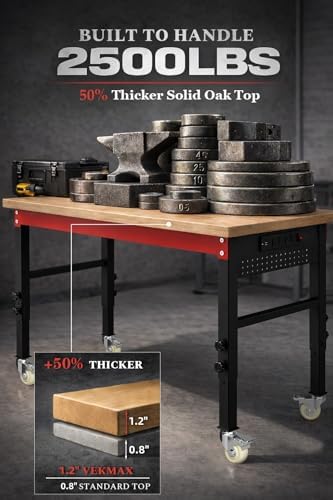 60" Heavy Duty Workbench, 2500 LBS Load Capacity Work Bench with 1.2" Laminated Oak Wood Top & Reinforced Steel Frame, Adjustable Height Work Table for Garage, Workshop, Office, Home (Casters)