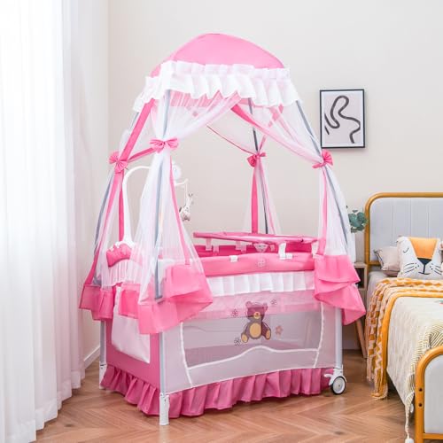 HONEY JOY 4-in-1 Pack and Play with Canopy, Portable Baby Playard w/Changing Table and Infant Bassinet Cute Toys & Music