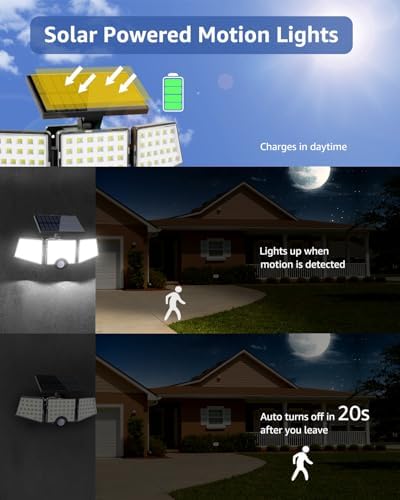 LE Solar Lights for Outside, Solar Lights Outdoor with Motion Sensor, WL4000 High Brightness, 3 Adjustable Heads 270° Wide Lighting Angle