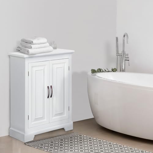 Teamson Home Versailles Wooden Freestanding Floor Storage Cabinet with 2 Adjustable Interior Shelves 3 Storage Spaces and 2 Floral Scroll Doors, White