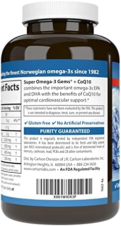 Carlson Super Omega-3 Gems + CoQ10, 1200 mg, Omega-3s, 60 Softgels | 200 mg CoQ10; Norwegian; Wild Caught; Sustainably Sourced