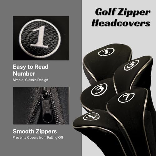 Black Golf Zipper Head Covers Driver 1 3 5 7 X Fairway Woods Headcovers Metal Neoprene Traditional Plain Protective Covers Fits All Fairway Clubs