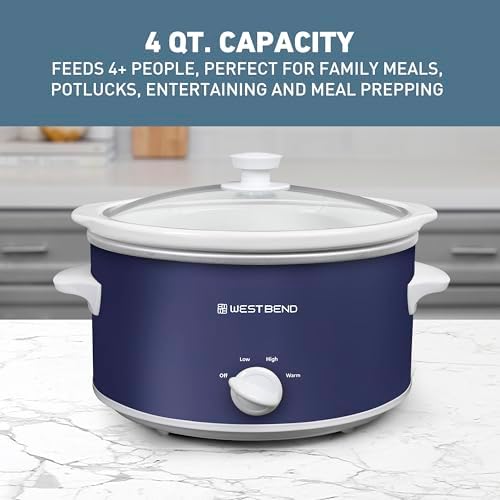 West Bend Slow Cooker 4-Quart Manual Crockery Style with Dishwasher Safe Oval Ceramic Crockpot and Glass Lid Two Temperature Settings Plus Keep Warm, 210-Watts, Black
