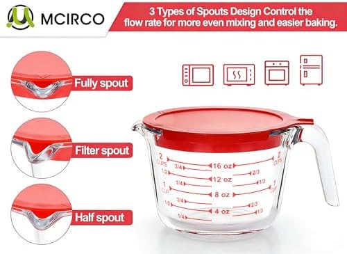 M MCIRCO 6 Pcs Glass Measuring Cups with Lids Set, 1 Cup, 2 Cup, 4 Cup | Measuring Jugs with Handle, Nesting Liquid Measuring Cups for Kitchen