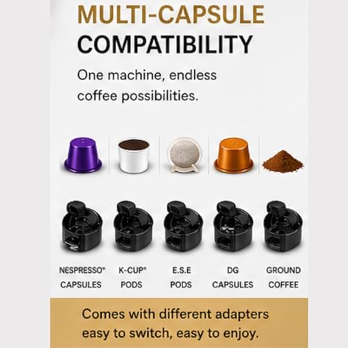 19 Bar Multi-Capsule Coffee Maker with Milk Frother | Compatible with Nespresso/K-Cup/E.S.E./DG, Adjustable Temp & Volume, 1.2L Water Tank