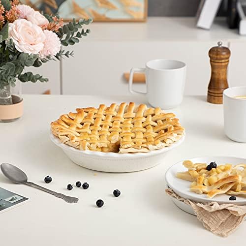 Fun Elements Pie Pan, 9 Inch Ceramic Pie Dish, Deep Dish Pie Pan with Lace Emboss, Ruffled Pie Plate for Baking