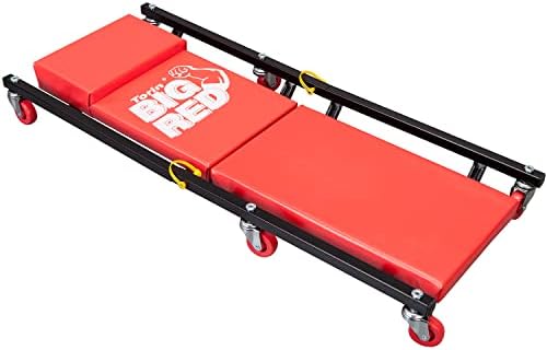 BIG RED TRP6240 Torin Blow Molded Plastic Rolling Garage/Shop Creeper: 40" Mechanic Cart with Padded Headrest, Dual Tool Trays and 6 Casters, Red