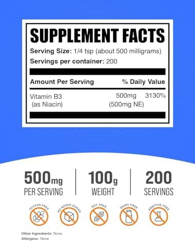 BulkSupplements.com Niacin Powder - Vitamin B3 Supplement, Niacin Flush - Gluten Free, 500mg per Serving, 250g (8.8 oz) (Pack of 1)