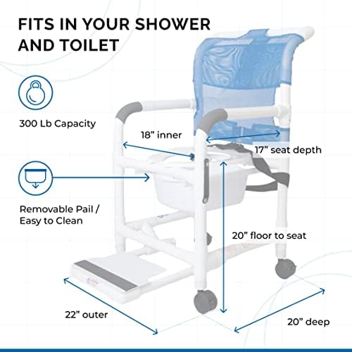 Rolling Shower Chair with Wheels & Drop Arms, Mesh Seat, 4 Locking Casters, Seat Belt, Sliding Footrest, Commode Pail – Fits Over Toilet