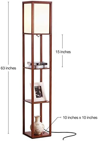 Brightech Maxwell - Modern Shelf Floor Lamp with Lamp Shade & Warm White LED Bulb, Corner Display Floor Lamp with Shelves for Living Room, Bedroom, Nightstand Office, Home Decor Storage - Natural Wood
