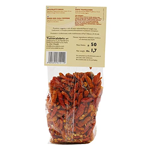 TUTTOCALABRIA Diavoletti Rossi Chili Peppers, Dried Hot Peppers, 50 g | Small Dried Spicy Hot Chili Peppers "Red Devils" for Seafood and Salads