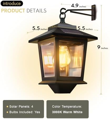 PASAMIC 2 Pack Solar Wall Lanterns, Outdoor Hanging Lights with 4 Solar Panels, Dusk to Dawn Led Outdoor Wall Sconce