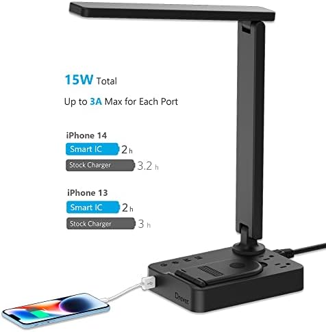 Drevet LED Desk Lamp for College Dorm Room, Desk Light with 1 USB Charging Port 2 AC Power Outlet, 3 Lighting Modes, 3 Level Brightness Touch Lamp