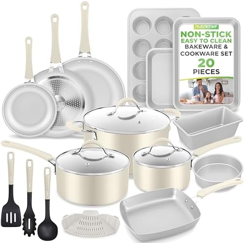 Nutrichef 20 Piece Professional Home Kitchen Cookware and Bakeware, Pots and Pans Set Non Stick Kitchenware, Cool-Touch Handles, Non Toxic