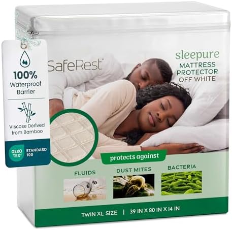 SafeRest Waterproof Queen Size Mattress Protector | Fitted with Stretchable Pockets, Machine Washable Cotton Blend Mattress Cover for Bed