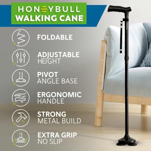 HONEYBULL Walking Cane for Men & Women, Foldable Free Standing Cane | Adjustable height, collapsible design, heavy-duty, pivot base for stable support, ergonomic handle